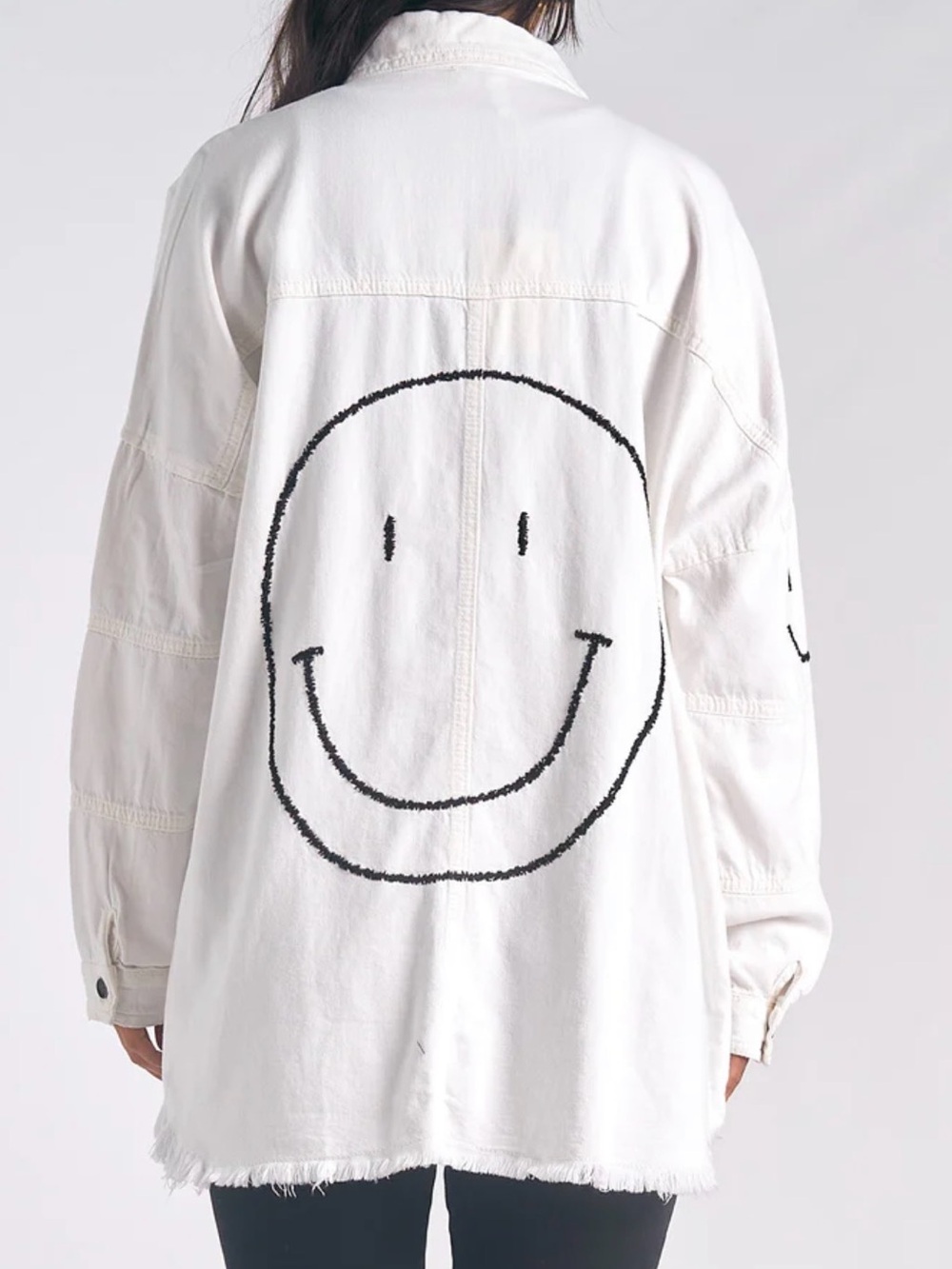 Elan “Dolly”White Oversized Jacket with Black Smile Graphic